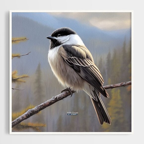 8x10 Chickadee Black‎ White Bird Watercolor Oil Painting Print - Picture 2 of 5